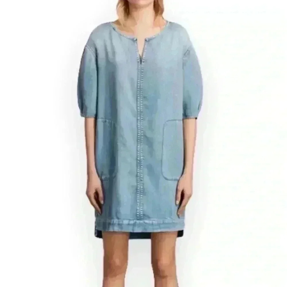 All Saints Sherri Denim Chambray Short Sleeve Pocket Shirt Dress Medium